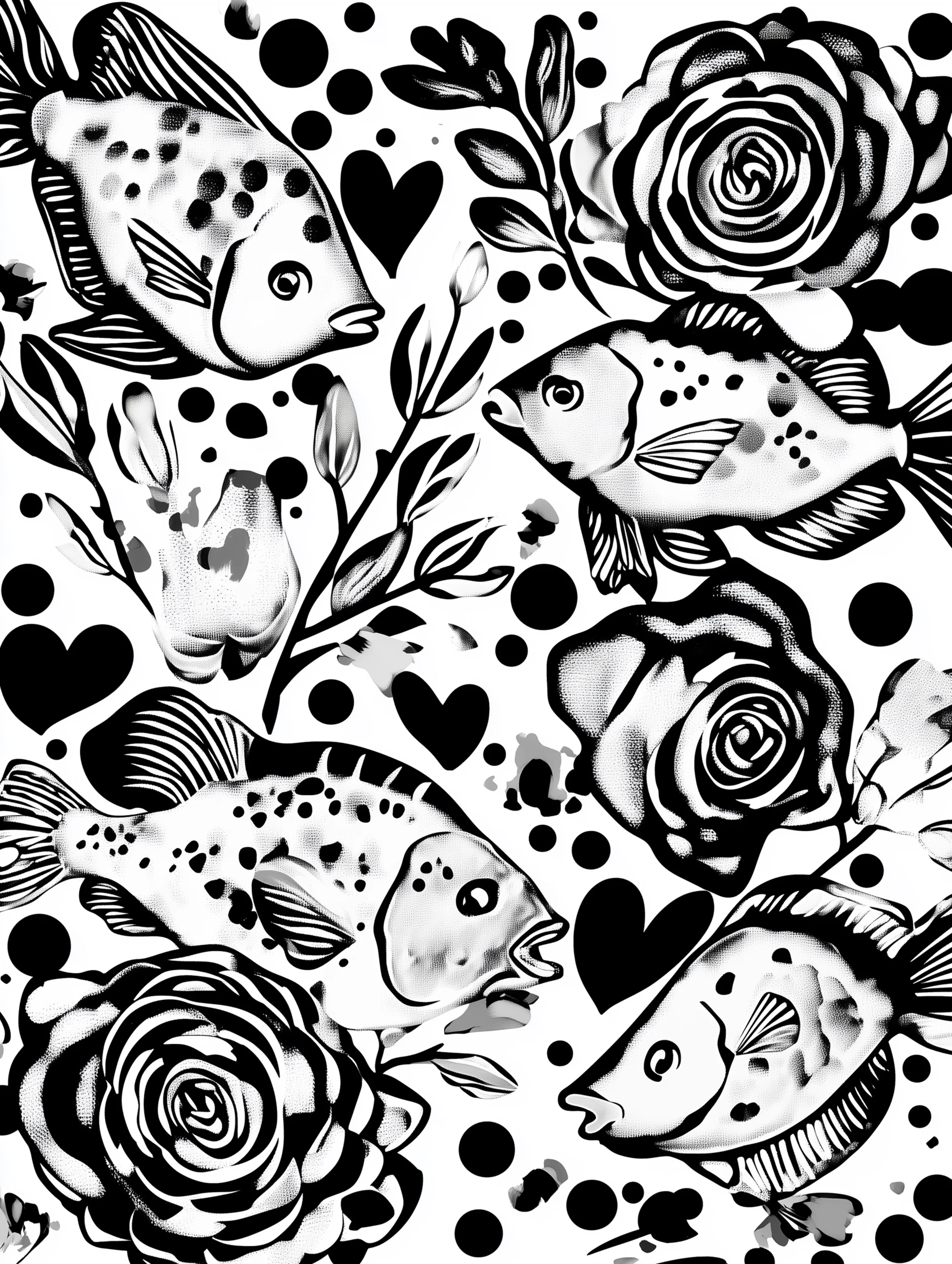 Free printable underwater coloring page for adults featuring a school of fish with floral and heart details